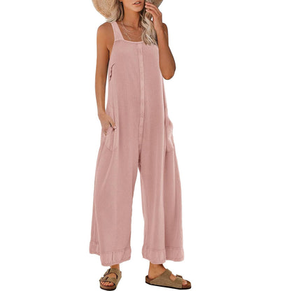 Womens Open Back Wide Leg Jumpsuits Sleeveless Waffle Knit Romper