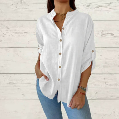 Women's V-Neck Cotton Linen Long-Sleeve Shirt