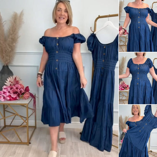 Women's Off-Shoulder Pleated Button-Down Dress