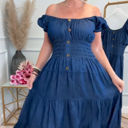 Women's Off-Shoulder Pleated Button-Down Dress